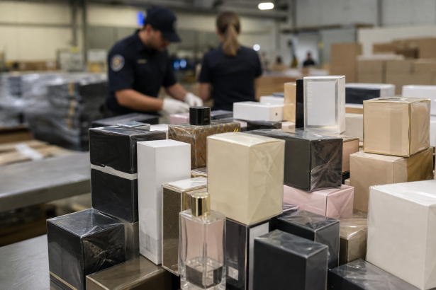 Caixas de perfumes importados apreendidas durante operação contra comércio ilegal