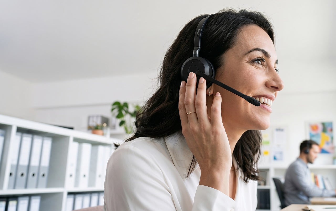 Profissional usando headset em um ambiente de trabalho durante atendimento ao cliente